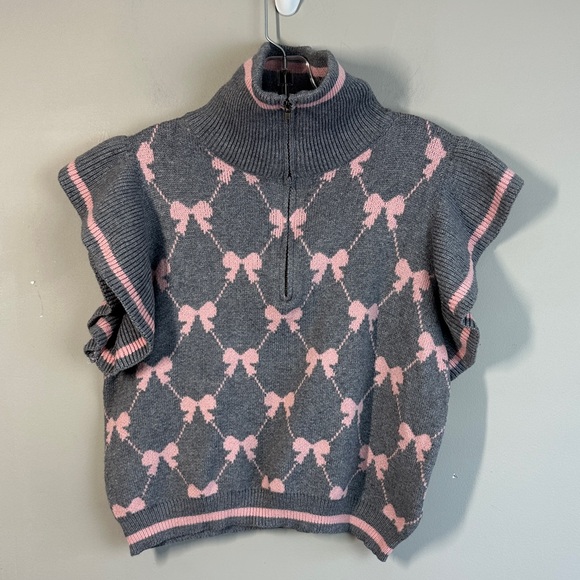 NWT Entro Gray Pink Bow Flutter Sleeve Quarter Zip Sweater Size L Coquette - Picture 3 of 12